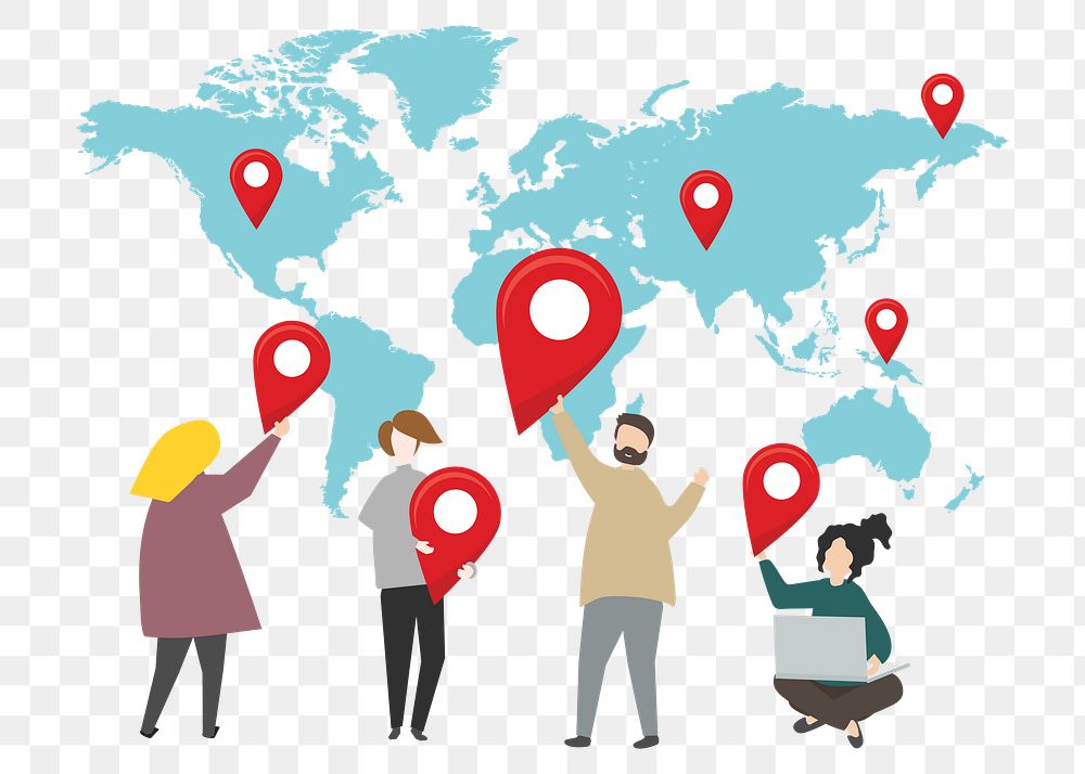 People travel destination png cartoon clipart, map and pin illustration on transparent background