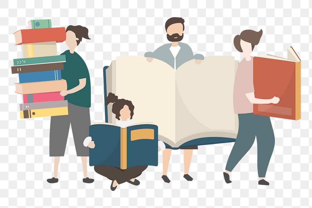 People reading books illustration png, cartoon characters on transparent background