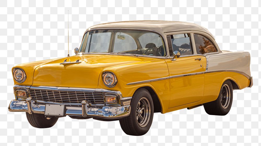 Png yellow classic car sticker, vintage vehicle photo, transparent background