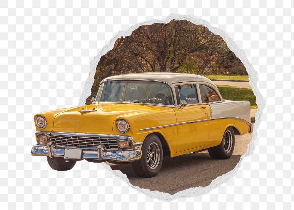 Png yellow classic car sticker, vintage vehicle photo in ripped paper badge, transparent background