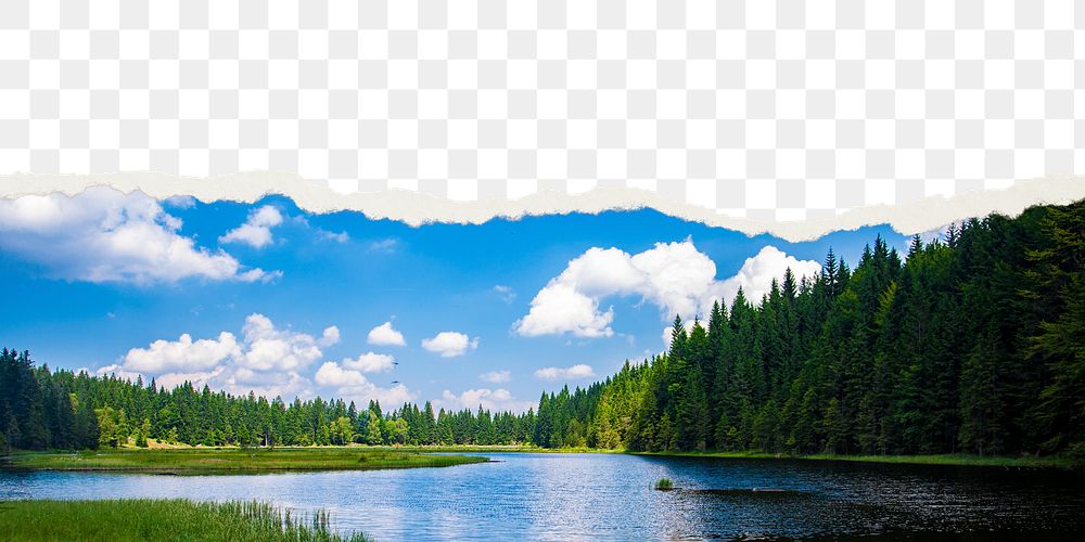 Forest lake png border, torn paper design, transparent background