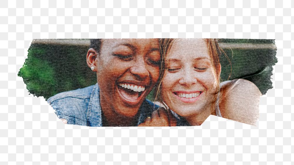 Png happy lesbian couple, washi tape, LGBTQ image, transparent background