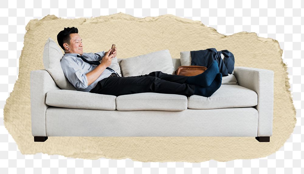 Businessman png texting on sofa sticker, ripped paper, transparent background