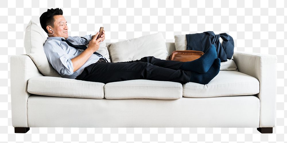 Businessman png texting on sofa sticker, transparent background