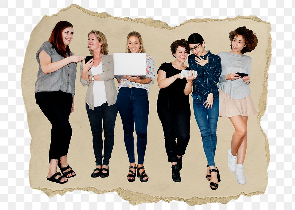 Women png using social media sticker, ripped paper, transparent background