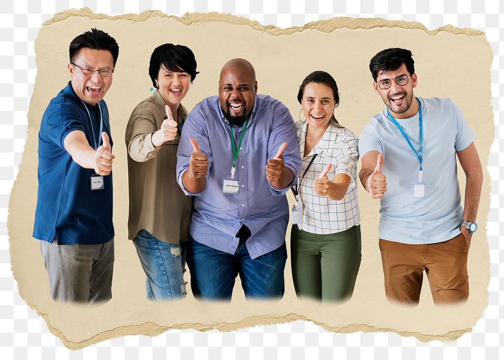 Business team png thumbs up sticker, ripped paper, transparent background