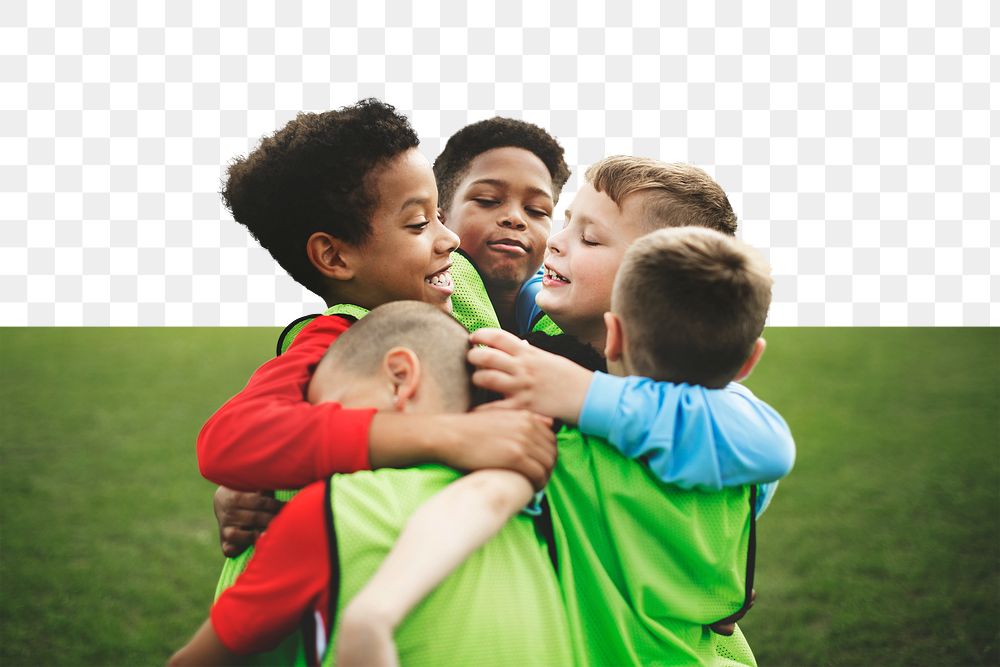 PNG Junior football team hugging each other, collage element, transparent background