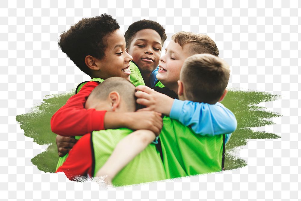 PNG Junior football team hugging each other, collage element, transparent background