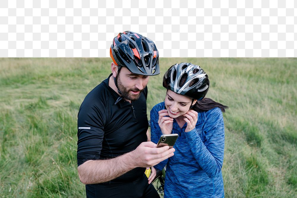 PNG Cyclists checking the route on a phone, collage element, transparent background