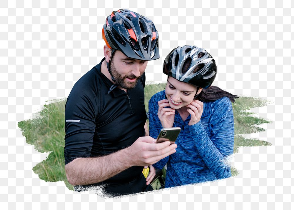 PNG Cyclists checking the route on a phone, collage element, transparent background