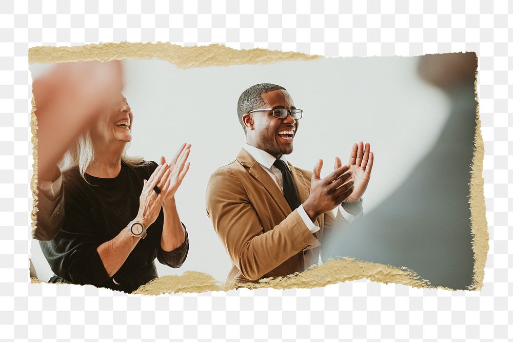 Png black businessman clapping, ripped paper, transparent background