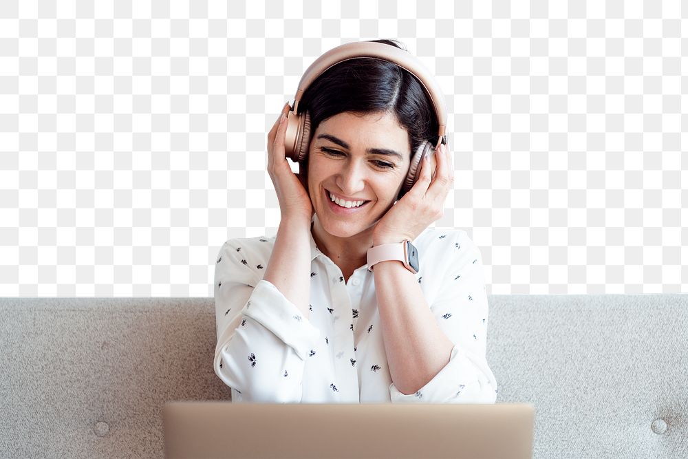 Woman png listening to music border, transparent background