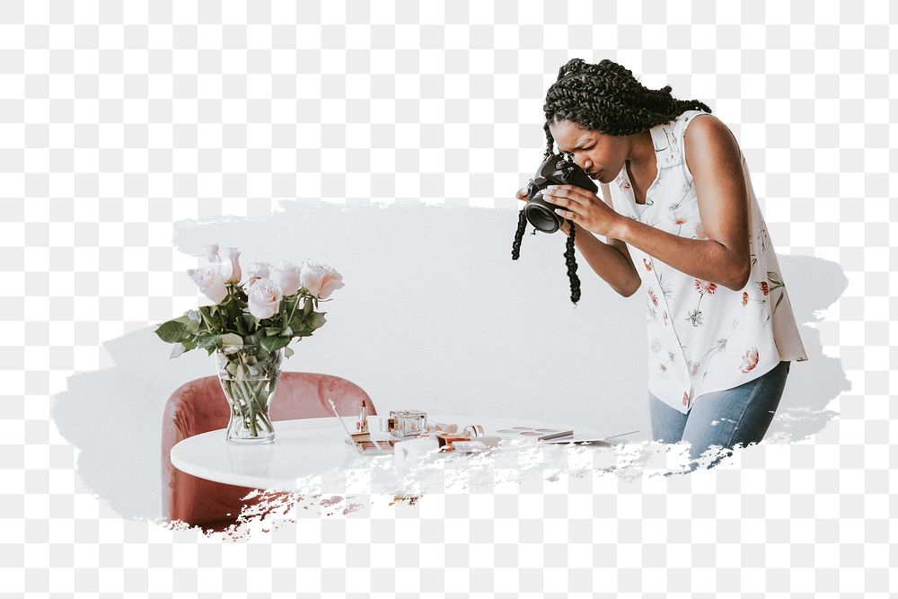 PNG Female photographer shooting beauty products on the table, collage element, transparent background