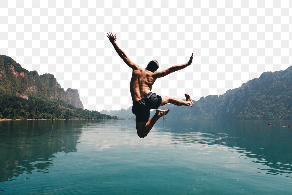 PNG Man jumping with joy by a lake, collage element, transparent background