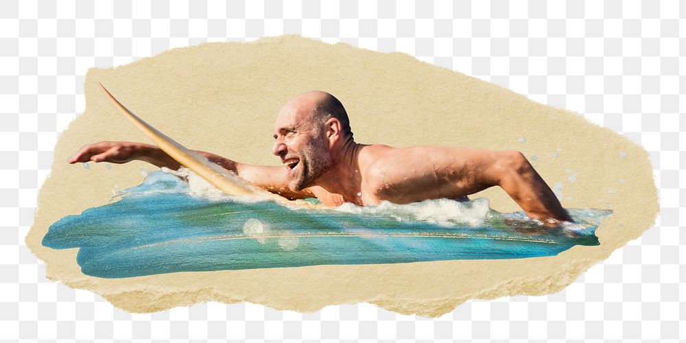 Surfing man png sticker, ripped paper, transparent background