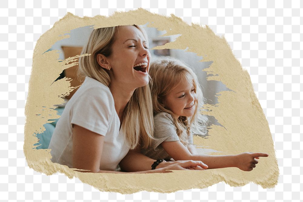 Mother laughing png with daughter sticker, ripped paper, transparent background