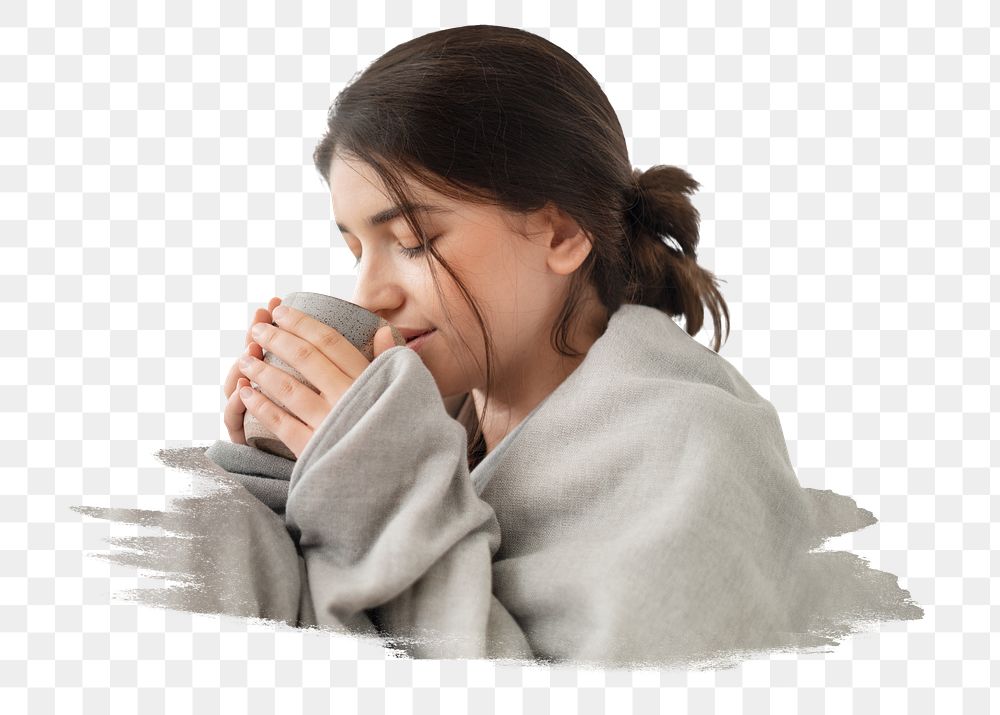 Cozy woman png drinking hot tea sticker, transparent background