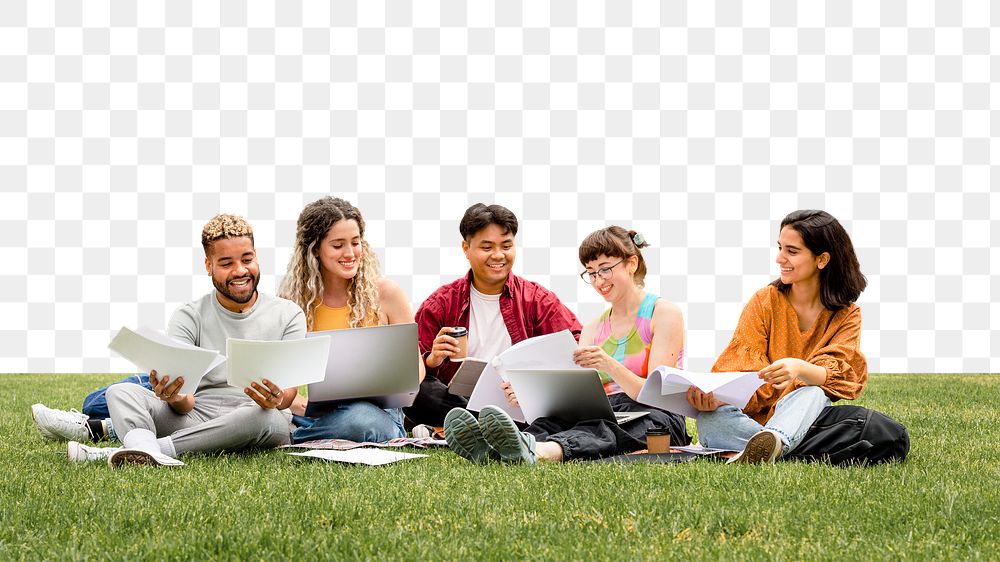 College students doing group project png border, transparent background