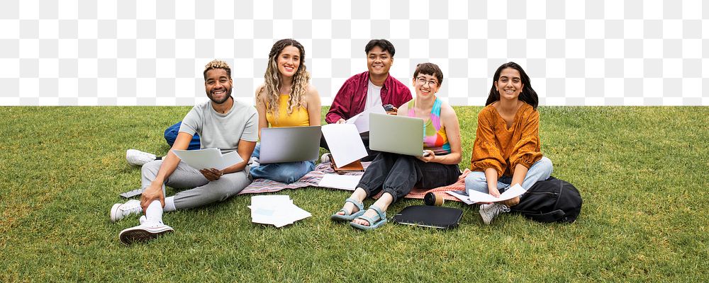 PNG College students working together in the park, collage element, transparent background