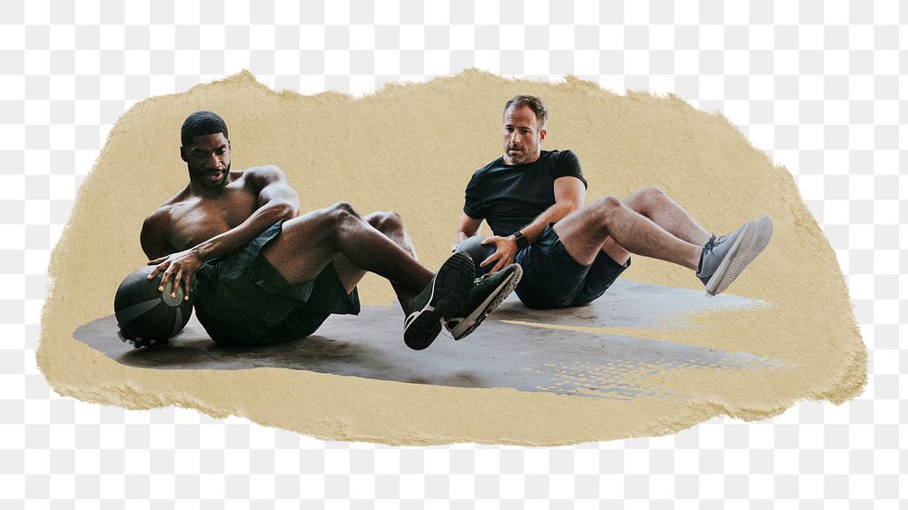 Men exercising png sticker, ripped paper, transparent background