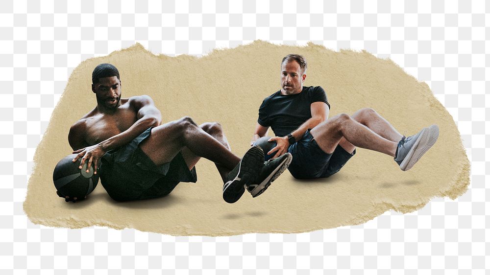 Men exercising png sticker, ripped paper, transparent background