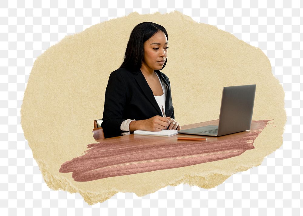 Businesswoman png working on laptop sticker, ripped paper, transparent background