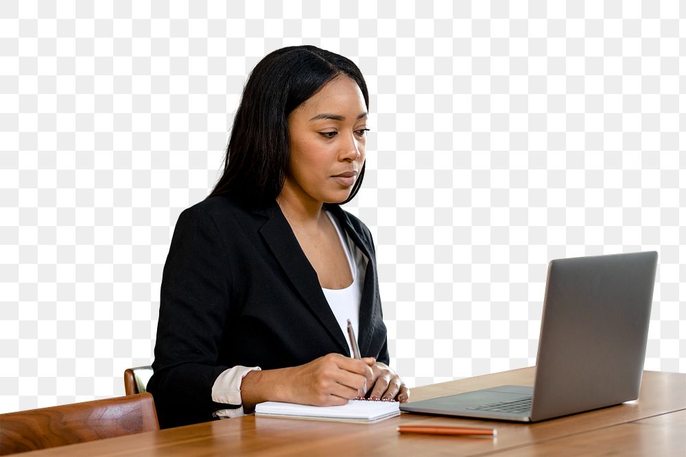 Businesswoman png working on laptop sticker, transparent background