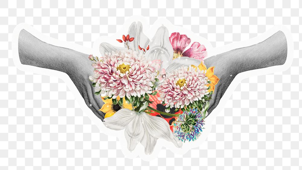 Png hands holding flowers sticker, aesthetic design, transparent background