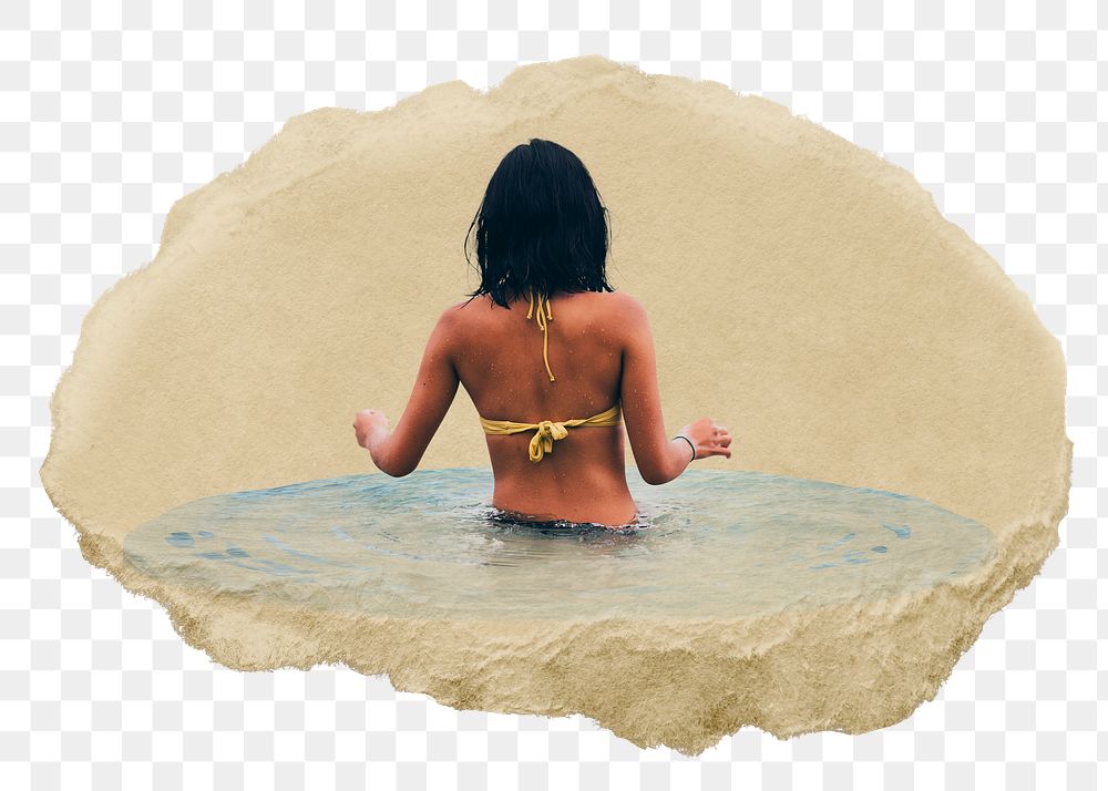 Woman in bikini png sticker, ripped paper, transparent background