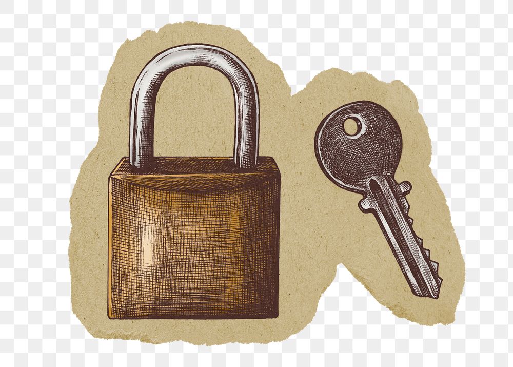 Lock and key png sticker, ripped paper, transparent background