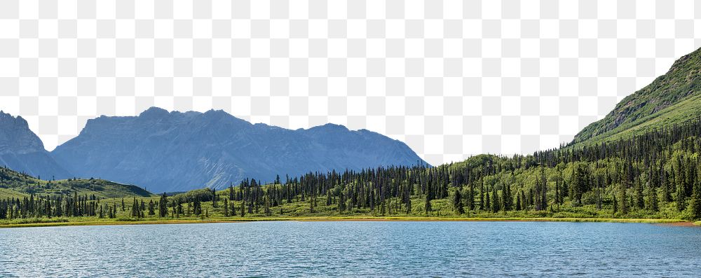 Lake mountain png border, serene nature image, transparent background