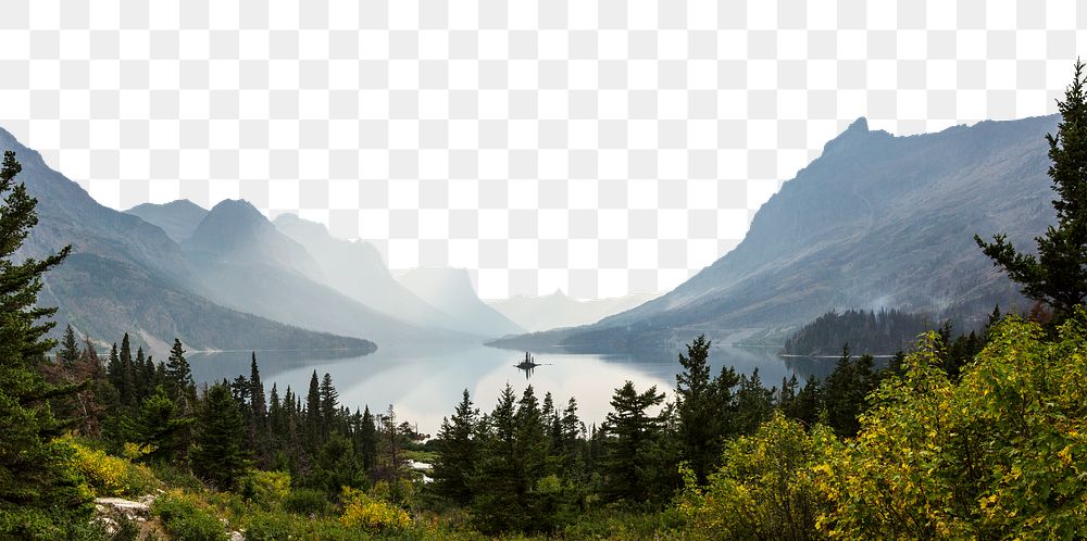 Pine forest lake png border, side mountains image, transparent background
