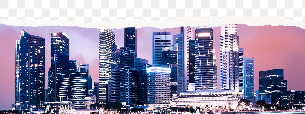 Singapore skyline png border, ripped paper effect, transparent background