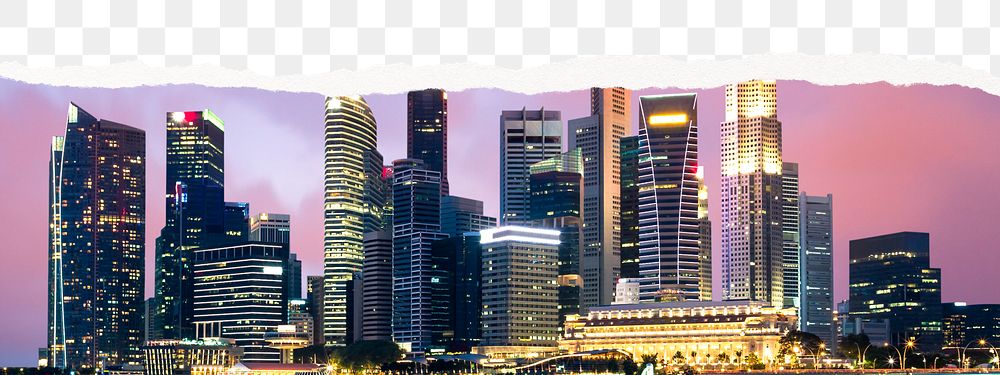 Singapore skyline png border, ripped paper effect, transparent background