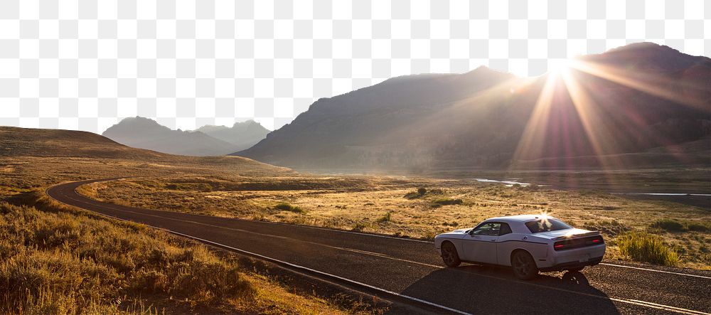 Sunrise road png border, side mountains image, transparent background