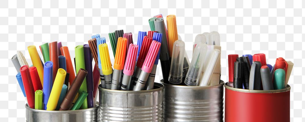 Pencil cups png, stationery border, colorful photo, transparent background