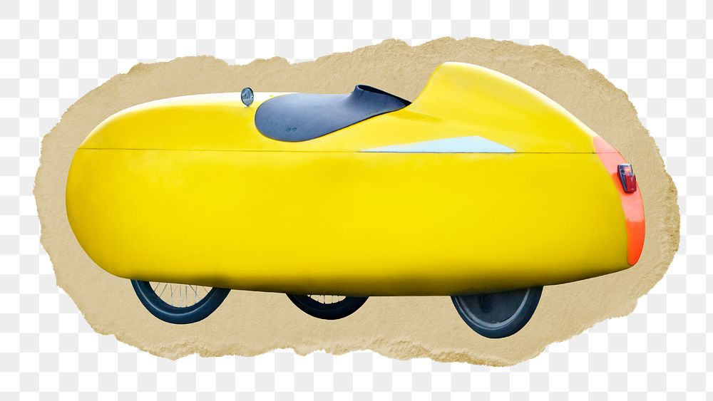 Yellow velomobile png sticker, ripped paper transparent background