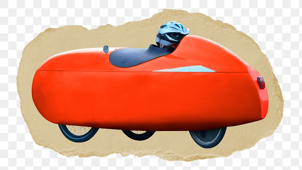 Red velomobile png sticker, ripped paper transparent background