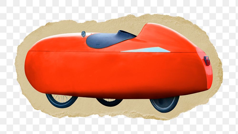 Red velomobile png sticker, ripped paper transparent background