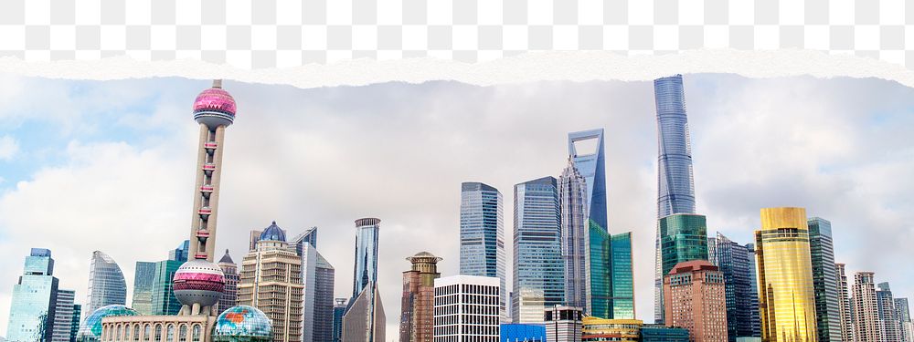 Shanghai skyline png border, ripped paper effect, transparent background