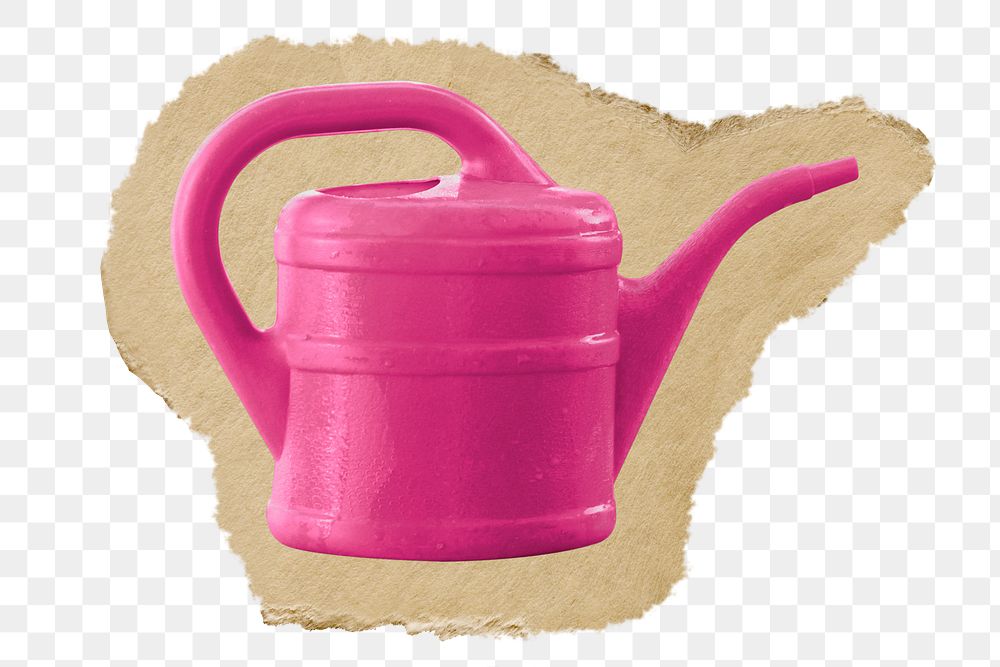 Png Pink watering can sticker, ripped paper transparent background