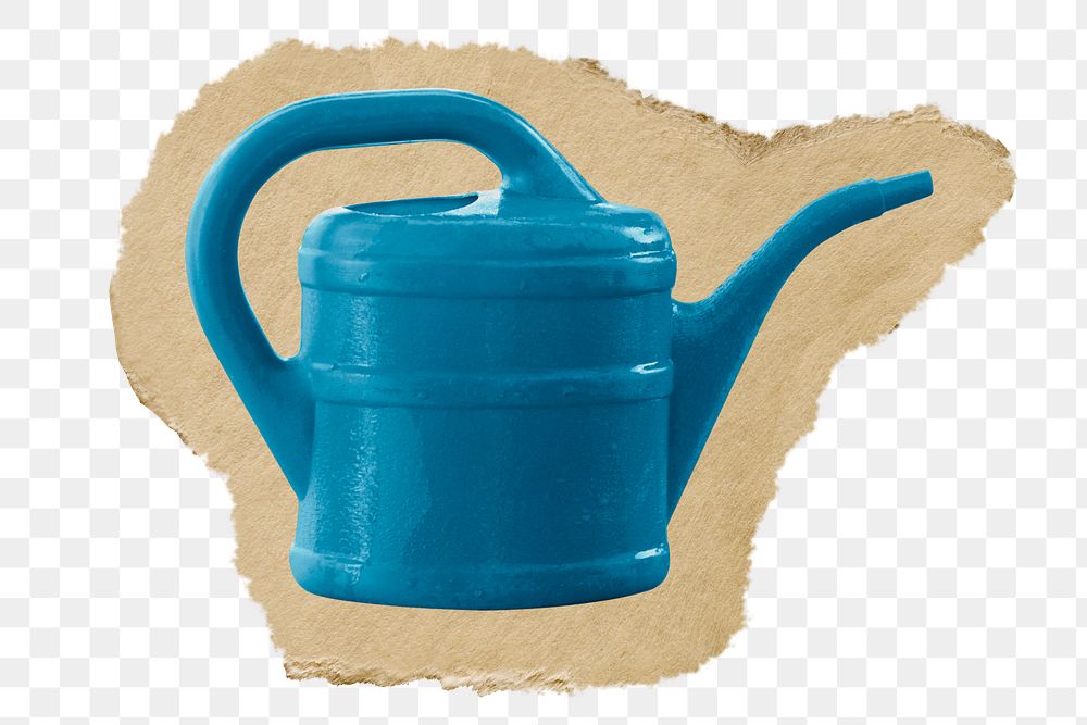 Png Blue watering can sticker, ripped paper transparent background