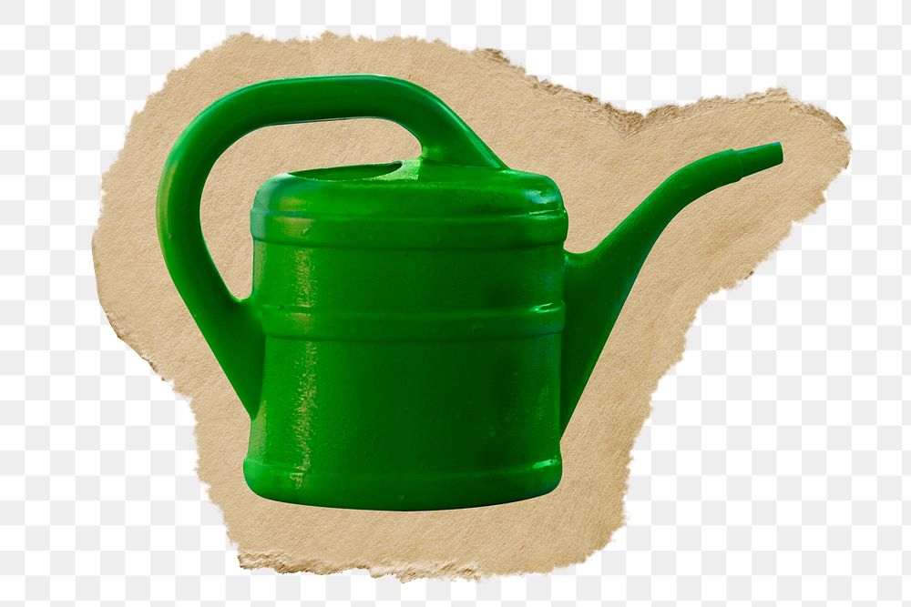 Png Green watering can sticker, ripped paper transparent background