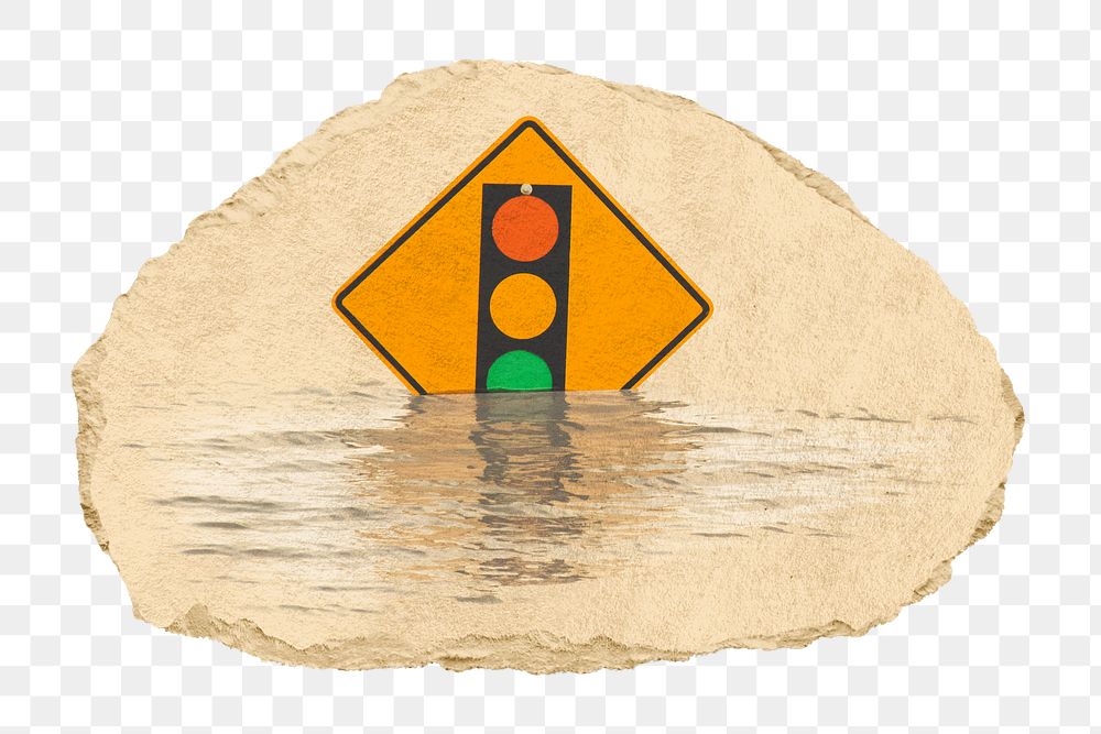 PNG Traffic light sign in flood, collage element, transparent background