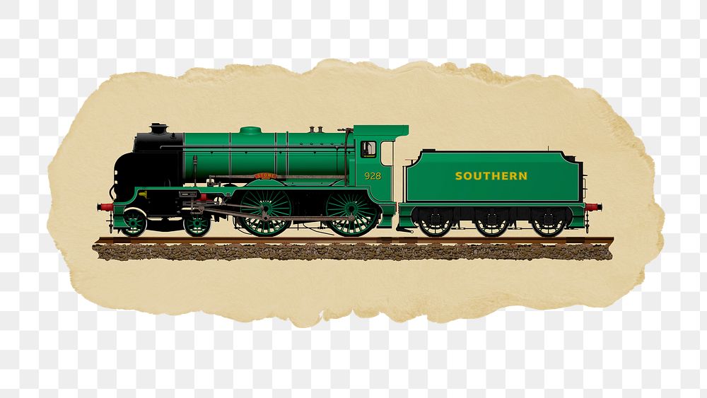 Green train png sticker, ripped paper, transparent background