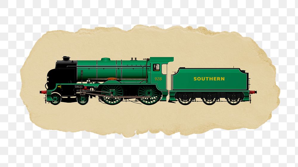 Green train png sticker, ripped paper, transparent background