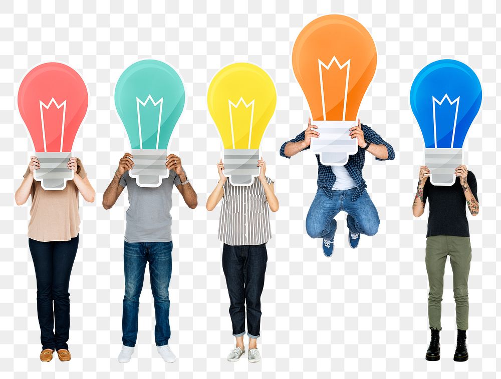 Light bulbs png sticker, diverse people holding icons, transparent background