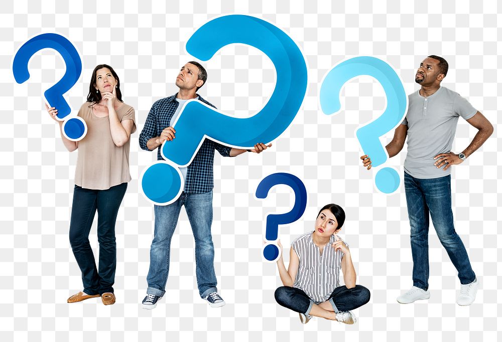 Question marks png sticker, diverse people holding icons, transparent background