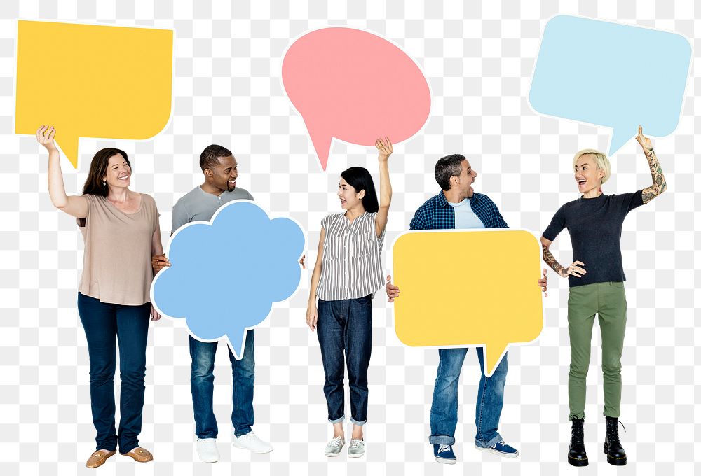 Png people with speech bubbles, transparent background