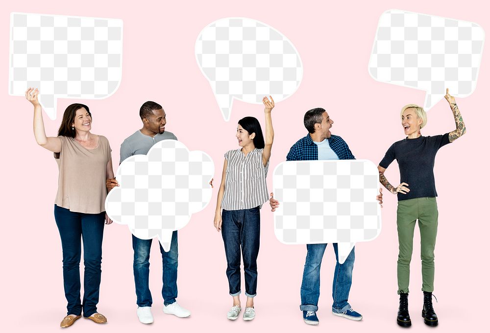 Speech bubble png mockups, transparent design, with happy diverse people